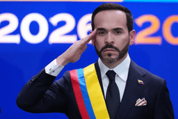 Colombia's President Abelardo de la Espriella salutes after taking the oath of office in Cali, Colombia, Friday, Aug. 7, 2026. (AP Photo/Matias Delacroix)
