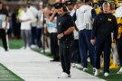 Michigan head coach Kyle Whittingham watches against Western Michigan during the first half of an NCAA college football game Saturday, Sept. 5, 2026, in Ann Arbor, Mich. (AP Photo/Paul Sancya)