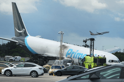An Amazon cargo plane sits at the Miami International Airport (MIA) Monday, Sept. 7, 2026, after it overshot the runway on Sunday, in Miami. (AP Photo/Lynne Sladky)