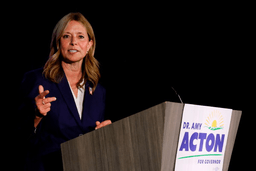 Democratic gubernatorial candidate Dr. Amy Acton speaks at a primary election night campaign event after winning the party's nomination for governor on May 5, 2026, in Columbus, Ohio. (AP Photo/Jay LaPrete, File)