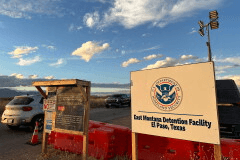 A sign marks the entrance to a series of hardened tents at the Camp East Montana immigrant detention center in the desert at a U.S. Army base on the outskirts of El Paso, Texas, Feb. 13, 2026. (AP Photo/Morgan Lee, File)