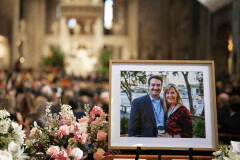 A photo of Mark and Melissa Hortman is displayed during their funeral service inside the sanctuary at the Basilica of St. Mary's in Minneapolis on June 28, 2025. (Alex Kormann/Star Tribune via AP, Pool, File)