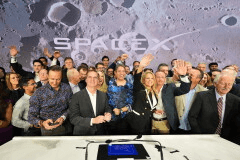 Gwynne Shotwell, President and COO of SpaceX, third from right, celebrates with colleagues during a bell ringing ceremony for the IPO of SpaceX at the Nasdaq MarketSite in New York, Friday, June 12, 2026, in New York. (AP Photo/Frank Franklin II)