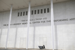 A man wheels a garbage bin outside of The John. F. Kennedy Center for the Performing Arts, Saturday, June 6, 2026, in Washington. (AP Photo/Rod Lamkey, Jr.)