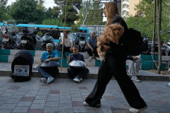Street musicians play music as a woman carries a dog on a sidewalk in northern Tehran, Wednesday, June 10, 2026. (AP Photo/Vahid Salemi)