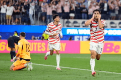 United States' Giovanni Reyna, right, reacts after scoring his team's fourth goal during the World Cup Group D soccer match between the United States and Paraguay in Inglewood, Calif., near Los Angeles, Friday, June 12, 2026. (AP Photo/Mark J. Terrill)