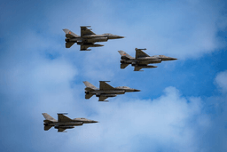 F16 fighter jets of the Romanian Air Force and the Romania based European F-16 Training Center (EFTC), perform a fly-by at the Black Sea, Defense, Aerospace and Security (BSDA) international exhibition in Bucharest, Romania, Wednesday, May 22, 2024. (AP Photo/Vadim Ghirda, File)