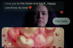A portrait of Jean Booth and a screenshot of a text message exchange with a man she was communicating with for eight months who turned out to be a scammer, are seen in this single long exposure photograph, Dec. 9, 2025, in Westlake, Ohio. (AP Photo/David Goldman)